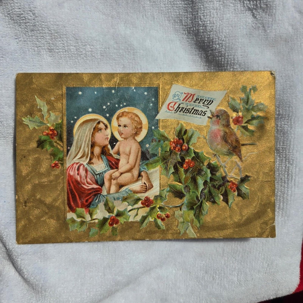 Vintage Antique Merry Christmas Postcard Madonna Child Robin Gold Embossed